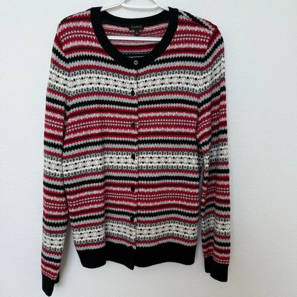 Talbots Fair Isle Nordic Button Up Cardigan Red Black White Large Lambswool - Picture 1 of 7